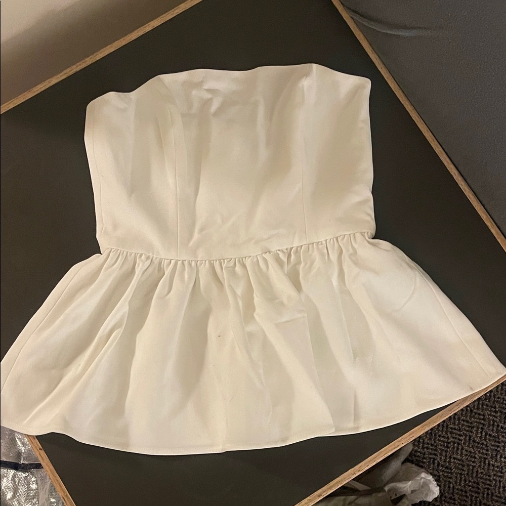 French Connection White Strapless Peplum Top with Structured Bodice